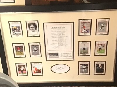 A collection of three framed sports memorabilia signed Michael Vaughan and Kevin Pietersen. Also My Greatest England XI. Football team and a framed cricket bat. (3)- NO RESERVE