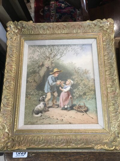 A framed watercolour , children with birds nest signed and dated 1864