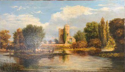 A large c.1800 unframed oil on canvas, landscape view with ruins. 105cm x 53cm