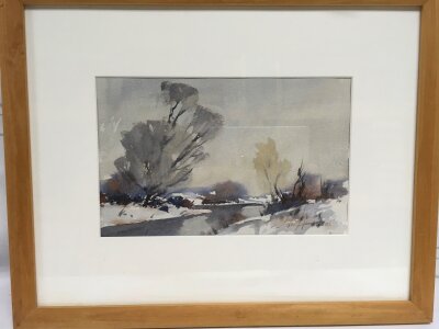 A John Hunt watercolour of Chew Valley Lake in winter, approx 47cm x 38cm including frame.