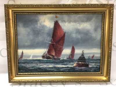 A framed oil on board painting titled Barge Match no2 by Jack Rigg 1988. Frame size 42x32cm