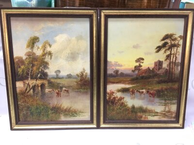 A pair of 20th century oil paintings on board by Sy Johnson, depicting cattle in rural river scenes at Basingstoke . Frame size 30x40cm