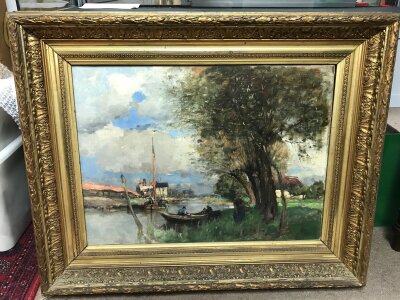 An oil painting of a river view. Signed ATELIER , B.M. Koldering. Frame size 89x72, picture size 65x50cm