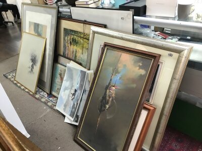 A large collection of framed pictures including watercolours, prints and oils . Includes unframed Sydney vales No reserve