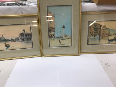 Three framed watercolour painting depicting scenes of Venice signed P Ongega circa 1920