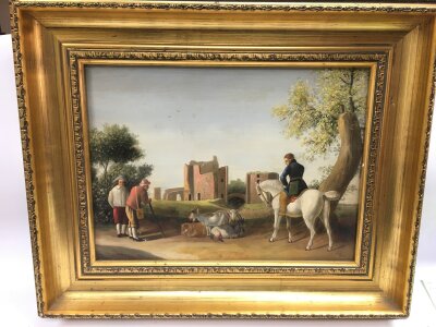 An Italian scene framed oil on board featuring a horseman, shepherds, and animals in a rural setting. Frame 48x40cm