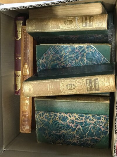 A Collection of 19th Century books most leather bound including a large set of Waverley Novels 48vol, Life of Scott Poetical works of Sir Walter Scott The Ring and the book Robert Browning 1898 Leather bound History of England 1864 Early 19th Century Natural History books and Crown Masterpeice of Eloquence and other books in two boxes (2)