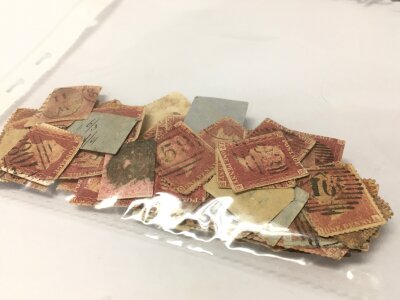 A lot of 100 Queen Victoria penny red stamps 1840-1850s, used