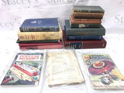 A collection of vintage books including introduction to geometry by Siddons and Snell, Nichollas Concise guide vol 2 by Brownson and Fergusson, Trigonometric tables by Peters, Popular Mechanics Magazine etc- NO RESERVE