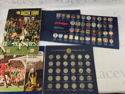 A collective lot including 1971 - 72 soccer stars album Esso coins and Esso football badges