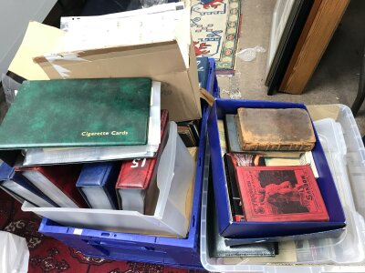 A large collection of various loose stamps, playing cards, La Panorama de La Guerre books French perspective of WW1, cigarette cards . No reserve