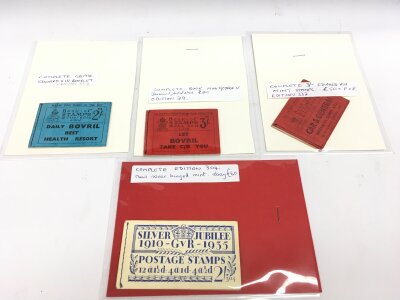 A collection of stamp booklets including car and general Edward VII 332, Bovril Edward VII 354, Bovril Geo V 319, Jubilee 304