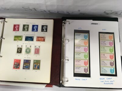 An album of unused Channel Island and European post and go stamps with two albums containing over £200 of unused GB stamps together with an album of first day covers and an unused stamp stock book.