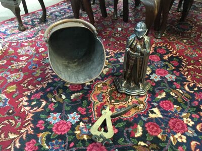 A copper scuttle, knight figure shaped fireplace brush set- NO RESERVE