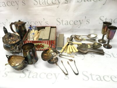 A collection of assorted silver plate items including cutlery tea pot etc.- NO RESERVE