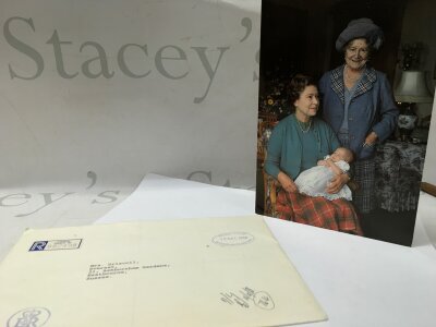 Signed by Queen Elizabeth II Christmas card 1988 to Mrs Driscoll in Sussex, with her Granddaughter Beatrice and the Queen Mother 20cmx13.5cm