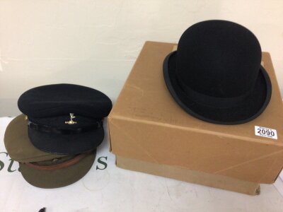 A Vintage bowler hat in a box and two British Military II world war officers caps (3)- NO RESERVE