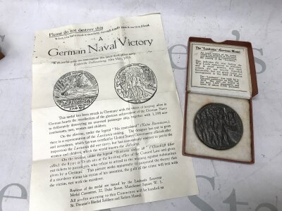A RMS Lusitania German medal , an exact replica of the medal which was designed in Germany and distributed to commemorate the sinking of the "Lusitania". Dated on back in pencil September 1918- NO RESERVE