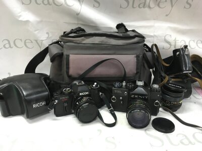 Two vintage cameras Zenit TTL and a Ricoh KR10