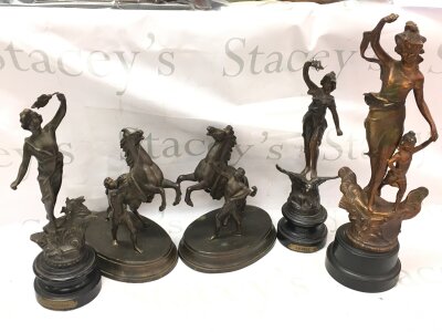Five Victorian spelter figures. 23 to 41cm tall