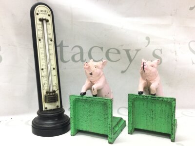 Cast iron pig bookends (14cm tall) and a desk thermometer (25cm tall)