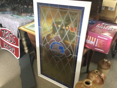 A French stained glass window . Window size 59x113cm