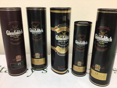 A Collection of Glenfiddich Single Malt Whisky including Solera Reserve 15 year 70cl bottle Special Reserve 12 year two bottles 70cl 
A Shaped bottle with gold established band around the shaped bottle Single Malt and one other Special Rserve smaller bottle 35cl (5)