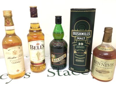 A collection of Whisky comprising Bushmills 10year Single Malt Ben Nevis 12year Shenton AL Canadian whisky Bellsand Black Bottle Scotch Whisky (5)