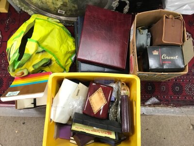 A Collection of items including a large silver plated dish, cameras. (3 boxes) No reserve