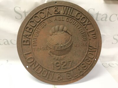 Cast iron boiler plaque manufactured by Babcock and Wilcox in 1927. 
40cm diameter.