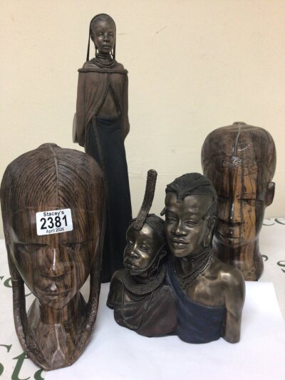 Two carved hardwood African tribal busts and two African Maasai  inspired composite figures limited edition by Soul Journey