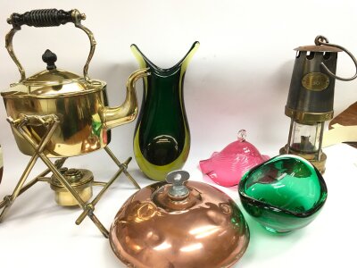 Small antique items collection- A spirit kettle, art glass ceramics, miners lamp . No reserve