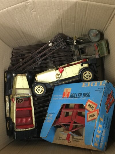 Vintage toys including track, boxed roller disc die cast metal, two vintage tin plate model cars . No reserve