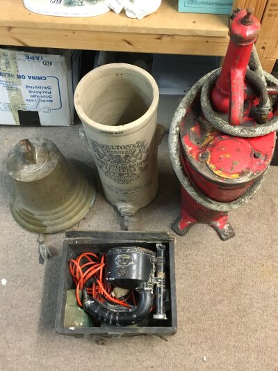 A mixed lot containing a brass bell inscribed 1976 RSK PACER, Doulton improved German intercepting filter, vintage microscope, vintage garage forecourt oil dispenser, vintage Admiralty Signaling Lantern