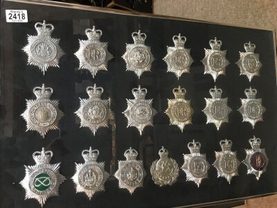 Three glazed and  framed displays containing various police badges .
