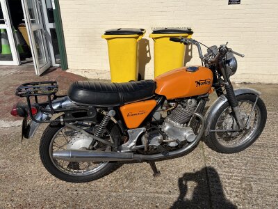 A Vintage Norton 750 Commando Motorcycle Garage Find. Finished in Orange,  Chrome original condition millage 285611. Has Keys.
The bike from a deceased estate and to be sold. No logbook V5 found. Full title of ownership guarantee to the buyer.