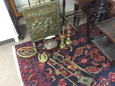 Brass spark guard , brass candlesticks,  kettle and fire irons
