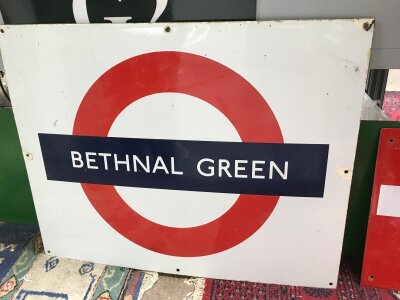 An enamel underground station sign for Bethnal Green, approx 71cm x 56cm.