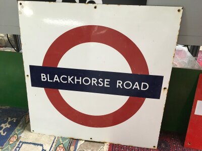 An enamel underground station sign for Blackhorse Road, approx 61cm x 61cm.