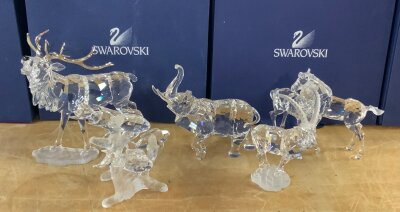5 Swarovski crystal figures, including Raindeer, Indian Elephant, Horse pair, Tropical fish swimming, Oryx