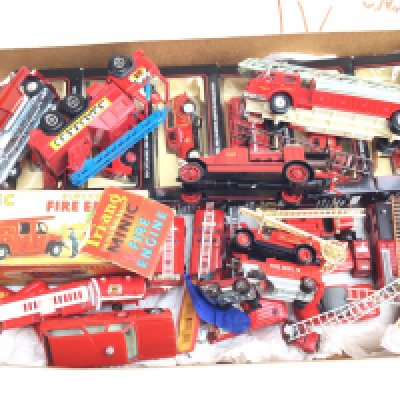 A Box Containing Diecast Fire engines including a Tri-and Minic Fire Engine.