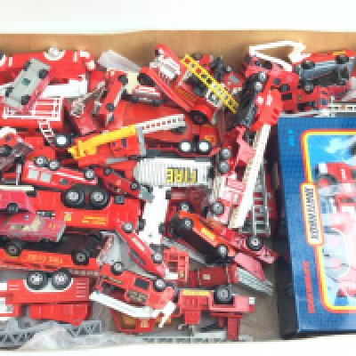 A Box Containing a Collection of Diecast FireEngines including a Boxed Matchbox Superking #k132.