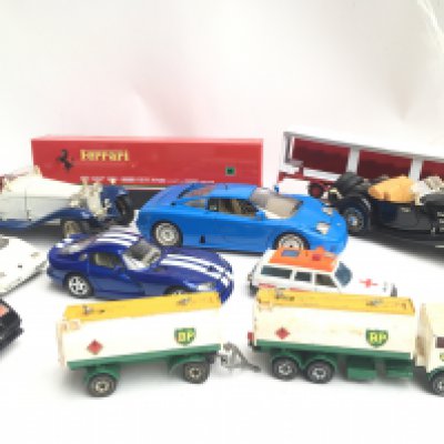 A Box Containing Loose DieCast including Cars. Diggers. Forklifts etc.