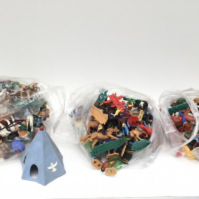3 bags of plastic figures by Britains..Timpo and others. Mainly Cowboys..Indians..Horses and other pieces.