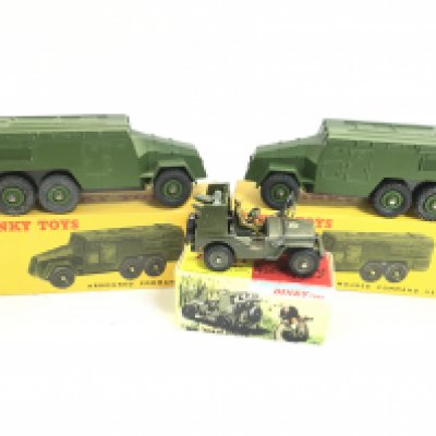 2 X Boxed Dinky Armoured Command Vehicles. #677. And a Rocket Carrier Jeep in Repro Box. #828. NO RESERVE