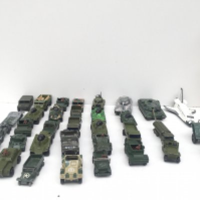 A collection in excess of 30 Playworn model vehicles by Matchbox..Corgi and others. Theme is Military.