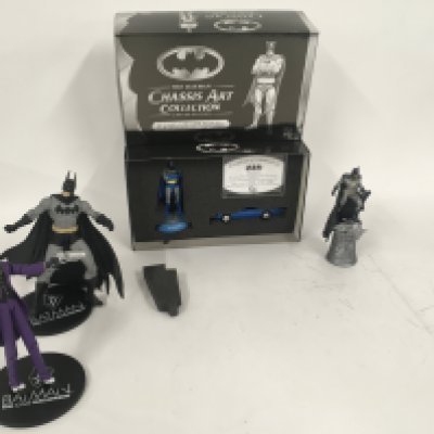 A collection of Batman figures including boxed limited edition Chassis Art Batman and 1960 Batmobile.. The Long Halloween Batman and joker and Batman Chess piece. NO RESERVE