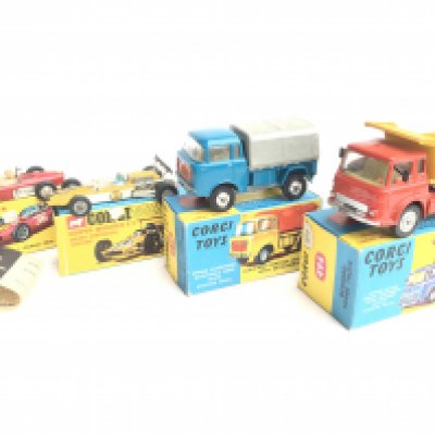 4 X Boxed Corgi Diecast Vehicles. A Ferrari Formula 1 Racing Car #154. A Cooper-Maserati F/1 #159. A Forward Control Jeep FC-150 #470 and a Bedford Tipper Truck #494.