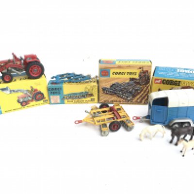 4X Boxed Corgi Vehicles and Farming Implements. A Massey-Ferguson 165 Tractor With Shovel #69. A Four Furrow Plough #61. A Wheel Controlled Tandem Disc Harrow #71 and a Double Horse Box #112.