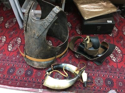 Reproduction English civil war pike mans armour (40cm tall, 38cm long, 35cm wide), two powder horns and brown bess cartridge box